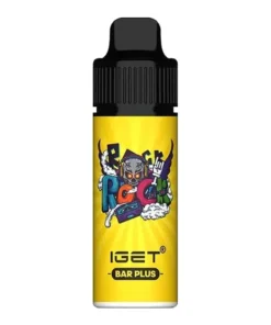 A yellow bottle of e-liquid from the iget vape brand, featuring a cartoon character on the label.