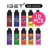 Under the "10 Pcs - Iget Bar Plus 6000 (Kit)" label, ten colorful vape bottles are arranged in two rows, with "10 PCS" highlighted in a pink circle.