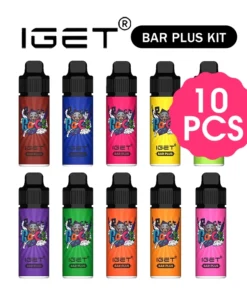 Under the "10 Pcs - Iget Bar Plus 6000 (Kit)" label, ten colorful vape bottles are arranged in two rows, with "10 PCS" highlighted in a pink circle.