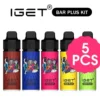 Five IGET Bar Plus 6000 vape devices are shown with vibrant packaging, labeled with a "5 Pcs" pink badge.
