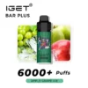 The Iget Bar Plus 6000 Puffs in "Apple Grape Ice" flavor features imagery of green and red apples, grapes, and ice, offering a refreshing fruity blend perfect for those who enjoy over 6000 puffs of delightful flavors.