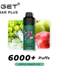 The Iget Bar Plus 6000 Puffs in "Apple Grape Ice" flavor features imagery of green and red apples, grapes, and ice, offering a refreshing fruity blend perfect for those who enjoy over 6000 puffs of delightful flavors.