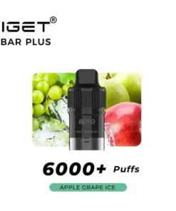 The black IGET Bar Plus vape with "6000 Puffs" prominently displayed is surrounded by images of kiwis and pineapples. Flavor: Kiwi Pineapple Ice rejuvenates your senses with every puff.