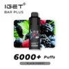 The Iget Bar Plus 6000 Puffs - Black Forest vape offers over 6000 puffs and showcases vibrant berry-themed imagery.