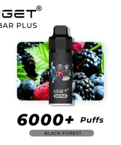 The Iget Bar Plus 6000 Puffs - Black Forest vape offers over 6000 puffs and showcases vibrant berry-themed imagery.