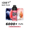 The IGET Bar Plus 6000 Puffs in "Grape Peach Ice" flavor, highlighted against grapes, peaches, and ice cubes, offers a refreshing vaping experience.