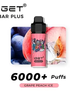 The IGET Bar Plus 6000 Puffs in "Grape Peach Ice" flavor, highlighted against grapes, peaches, and ice cubes, offers a refreshing vaping experience.