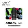 The IGET Bar Plus vape device in "Black Forest" flavor features a berry image with the text "6000+ Puffs." For a tropical twist, try the Iget Bar Plus Pod 6000 Puffs - Kiwi Pineapple Ice.