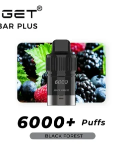 The IGET Bar Plus vape device in "Black Forest" flavor features a berry image with the text "6000+ Puffs." For a tropical twist, try the Iget Bar Plus Pod 6000 Puffs - Kiwi Pineapple Ice.