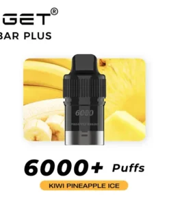 The Iget Bar Plus 6000 Puffs in Kiwi Pineapple Ice flavor provides a refreshing experience, featuring colorful banana and pineapple imagery.
