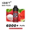 The Iget Bar Plus 6000 Puffs - Lychee Watermelon vape offers a refreshing lychee watermelon experience, highlighted by vibrant images of the fruits.