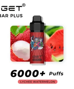 The Iget Bar Plus 6000 Puffs - Lychee Watermelon vape offers a refreshing lychee watermelon experience, highlighted by vibrant images of the fruits.