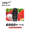 The IGET Bar Plus Pod, offering 6000 puffs, captivates with its exotic Kiwi Pineapple Ice flavor enhanced by lychee and watermelon imagery.