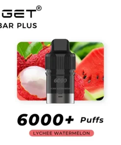 The IGET Bar Plus Pod, offering 6000 puffs, captivates with its exotic Kiwi Pineapple Ice flavor enhanced by lychee and watermelon imagery.
