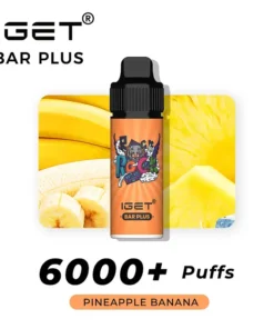 The IGET Bar Plus 6000 Puffs - Pineapple Banana vape offers a luscious pineapple banana flavor, enhanced by vibrant fruit slices, and delivers over 6000 puffs.