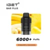 The Iget Bar Plus Pod 6000 Puffs delivers a refreshing Kiwi Pineapple Ice experience, elegantly complemented by banana and pineapple slice visuals.