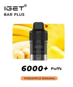 The Iget Bar Plus Pod 6000 Puffs delivers a refreshing Kiwi Pineapple Ice experience, elegantly complemented by banana and pineapple slice visuals.