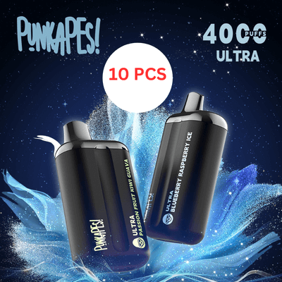 The Punkapes Ultra 4000 vape devices, with a starry blue design, offer flavors like Passion Fruit Kiwi Guava and Blueberry Raspberry Ice. Each box contains 10 pieces, ensuring an impressive 4000 puffs per device for a sublime vaping experience.
