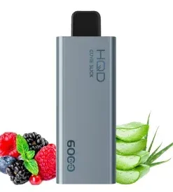 A Bundle of 10 silver-colored HQD Slick Cuvie vape devices, each promising up to 6000 puffs of pleasure, is displayed upright and surrounded by mixed berries and aloe vera leaves.