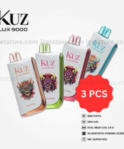 Displayed are four vibrant Bundle 03 pcs KUZ LUX 9000 Puffs devices, each featuring an exquisite dragon design, highlighting "3 PCS", "9000 puffs," and a "360° super feel.